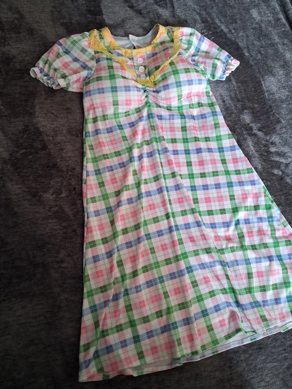 Old Lady Plaid Dress Halloween Costume Fake Padded Chest Kids, Girls Size M